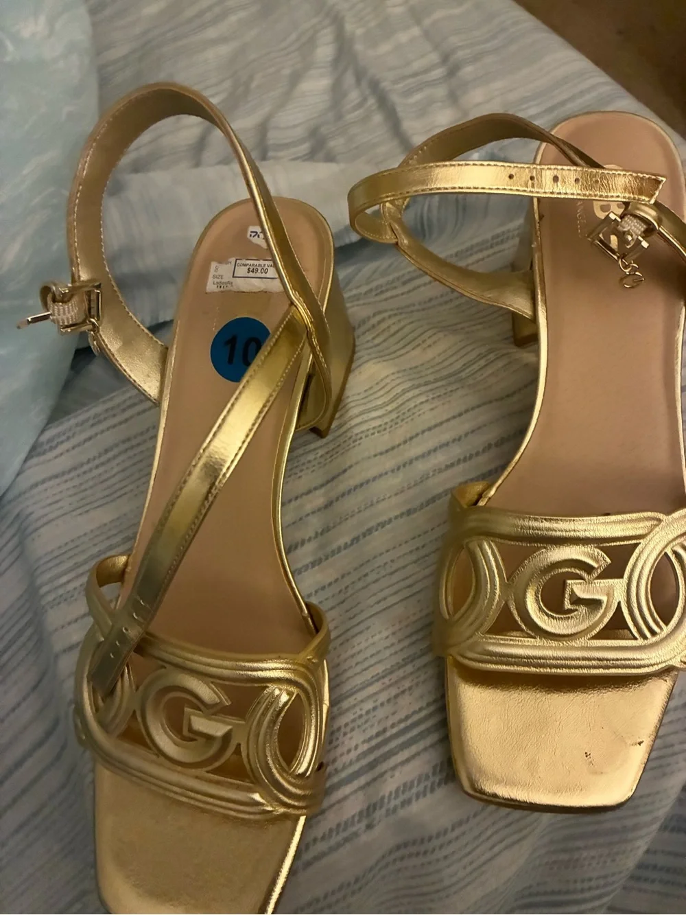 GBG Los Angeles Gold Metallic Logo Cutout Heels